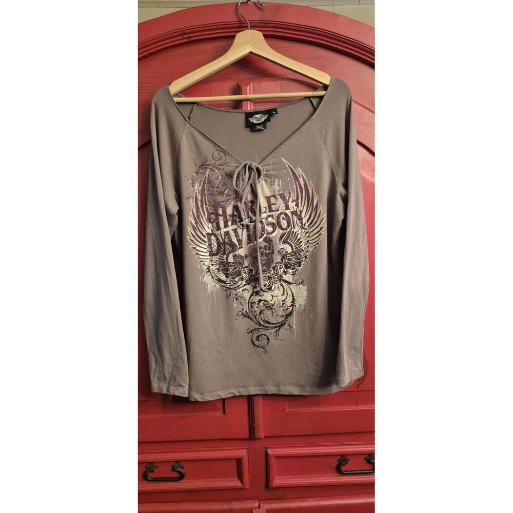 Harley Davidson XL Womens Keyhole V Neck Rhinestone Embellish Brown Burgundy EUC